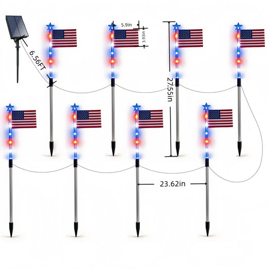 Solar American Flag Pathway Lights (8-Piece Set) - Patriotic Outdoor Garden Decor, Waterproof 4th of July Decorations