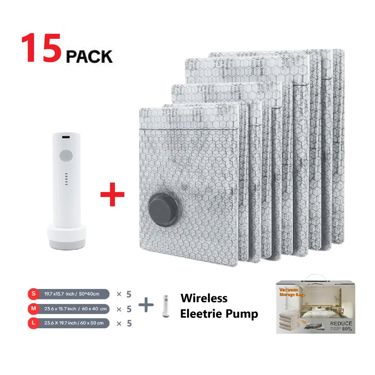 [2026 Upgraded VacBrid] Cordless Vacuum Compression Bag Set – 15 Pack