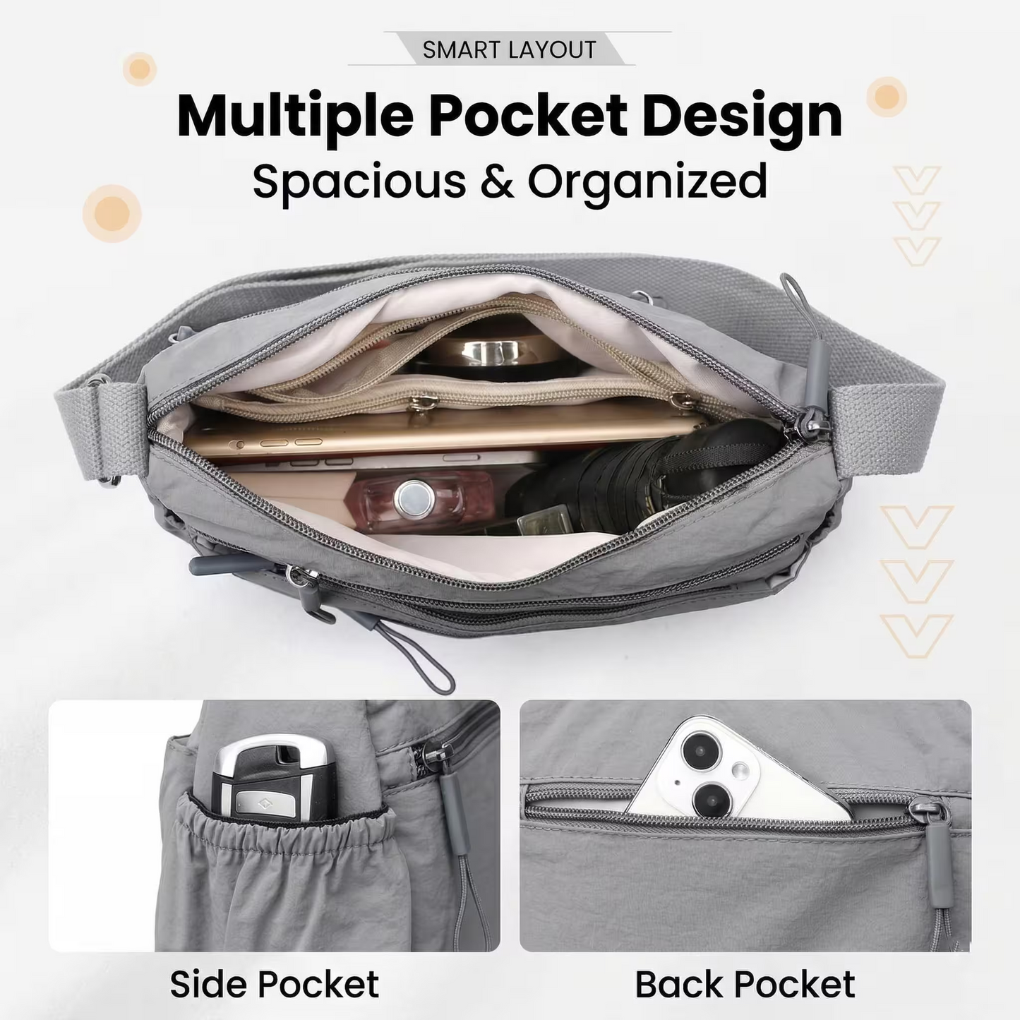 👜Women Solid Color Fashionable Multi-pocket Zipper Crossbody Bag
