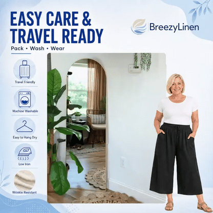 BreezeLinen - Women’s Relaxed Linen-Blend Palazzo Pants for Beach, Travel & Everyday Wear