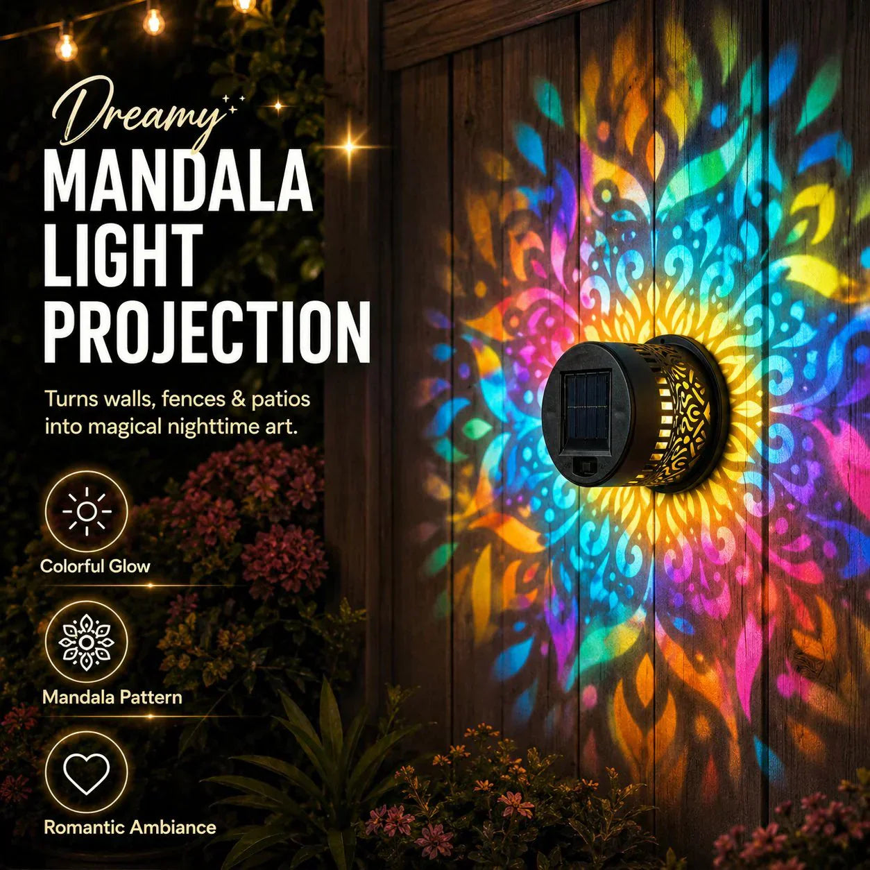 🌞Solar Mandala Light🌀 – Stunning Pattern Projection, 2-in-1 Floor & Wall Design & IP65 Waterproof Auto On/Off 🌿